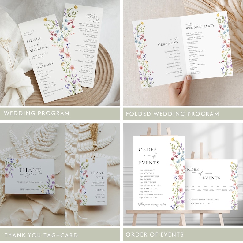 Puede incluir: Una colecci&oacute;n de papeler&iacute;a de boda con dise&ntilde;os florales. Incluye programas de boda, programas plegados, tarjetas y etiquetas de agradecimiento, y carteles de orden de eventos. Los dise&ntilde;os presentan flores coloridas y fuentes elegantes.