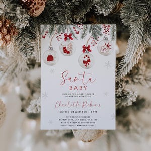 Modèle d'invitation de baby shower de père Noël Carte d'invitation modifiable de baby shower de Noël Invitation de boules de Noël de baby shower de vacances | CH06