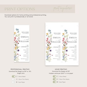 Peut inclure: Mod&egrave;le de programme de c&eacute;r&eacute;monie de mariage imprimable avec une bordure florale. Le programme pr&eacute;sente les noms &laquo;&nbsp;&Eacute;milia et William&nbsp;&raquo; et le texte &laquo;&nbsp;Bienvenue au mariage de&nbsp;&raquo;. Le mod&egrave;le comprend des options d'impression professionnelle et &agrave; domicile, y compris le fond perdu, les marques de coupe et l'&eacute;conomie de papier.