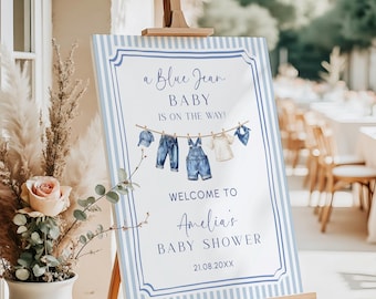 Letrero de bienvenida para baby shower de mezclilla azul, imprimible, de mezclilla, para bebé, con rayas azules / B011
