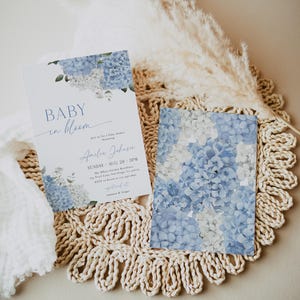 Blue Baby in Bloom Baby Shower Invitation Blue Hydrangea Baby Shower Invite Dusty Blue Baby Invite Floral Invitation Template | B008