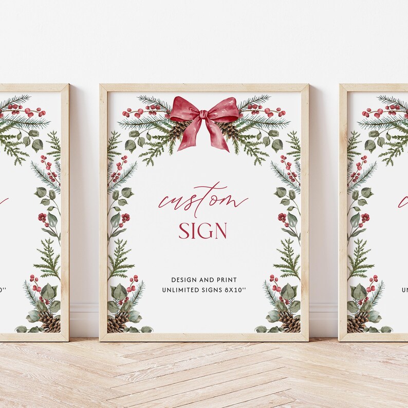 Christmas Custom Sign Template Red Bow Table Sign Editable Greenery Christmas Party Sign Winter Wedding Sign December Shower Sign| CH01 image 5