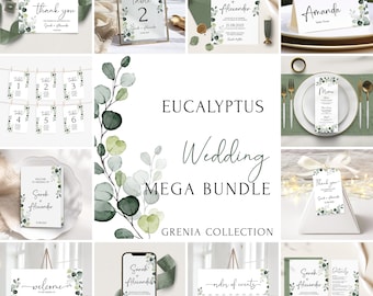 Eucalyptus Wedding Invitation MEGA Bundle Template,Printable Wedding Invites Bundle,Editable Greenery Wedding Invitation Set Bundle| GRENIA