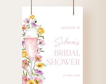 Petals and Prosecco Bridal Shower Welcome Sign Template Spring Floral Bridal Shower Sign Printable Pink Bridal Shower Welcome Poster|BM01