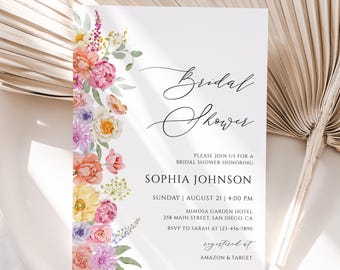 Plantilla de invitación de despedida de soltera floral en colores pastel Flores de primavera Invitación de despedida de soltera de flores silvestres Invitación digital colorida / BM03