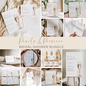 Pearls and Prosecco Bridal Shower Bundle Beige Bow Bridal Invite Set Elegant Shower Games Pack, Signs, Decor | K003