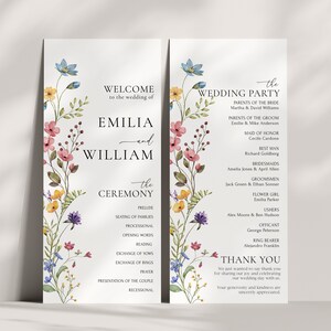 Peut inclure: Programme de c&eacute;r&eacute;monie de mariage avec des illustrations florales. Le programme liste l'ordre des &eacute;v&eacute;nements de la c&eacute;r&eacute;monie, y compris le pr&eacute;lude, la mise en place des familles, la procession, les mots d'ouverture, la lecture, l'&eacute;change des v&oelig;ux, l'&eacute;change des alliances, la pri&egrave;re, la pr&eacute;sentation du couple et la sortie. La f&ecirc;te de mariage est &eacute;galement list&eacute;e, y compris les parents de la mari&eacute;e et du mari&eacute;, la demoiselle d'honneur, le t&eacute;moin, les demoiselles d'honneur, les t&eacute;moins, la demoiselle d'honneur, les gar&ccedil;ons d'honneur, l'officiant et le porteur d'alliances. Le programme se termine par un message de remerciement aux invit&eacute;s.