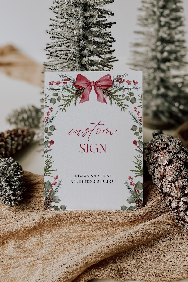 Christmas Custom Sign Template Red Bow Table Sign Editable Greenery Christmas Party Sign Winter Wedding Sign December Shower Sign| CH01 image 1