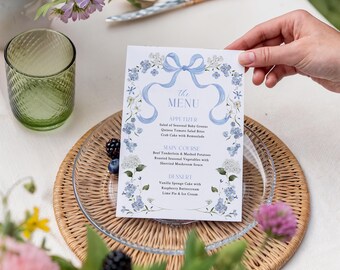 Blue Floral Menu Template Blue Ribbon Wedding Menu Dusty Blue Bridal Shower Menu Blue Garden Party Menu Card Baby in Bloom Menu | LK01