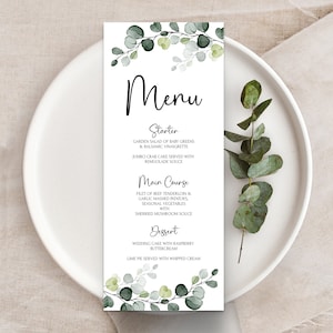 Szablon menu weselnego z eukaliptusa Zielone menu weselne Karty menu na imprezy do druku Menu weselne z nazwą Edytowalny szablon menu| GRENIA