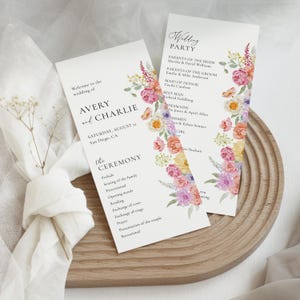 花の結婚式プログラム テンプレート パステル フラワー 結婚式プログラム ワイルドフラワー モダン プログラム 編集可能なカラフルな結婚式当日プログラム | VM08