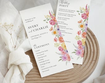 Floral Wedding Program Template Pastel Flowers Wedding Ceremony Program Wildflower Modern Program Editable Colorful Wedding Day Program|VM08