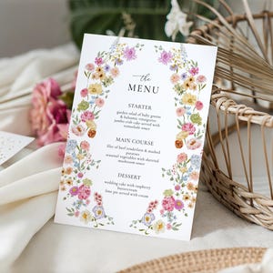 Pastel Floral Menu Template Editable Floral Wreath Wedding Menu Card Spring Flowers Bridal Brunch Menu Garden Party Baby Brunch Menu|KL01
