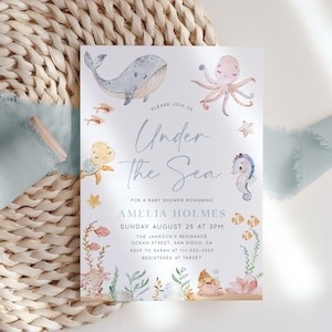 Under the Sea Baby Shower Invitation Template Ocean Animals Baby Shower Invite Sea Life Baby Shower Invitation Summer Baby Shower Boy| BW04