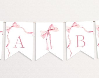 Pink Bow Banner Template Girl Baby Shower Custom Banner Blush Pink Ribbon Birthday Decor Watercolor Baby Shower Bunting Editable | BW01