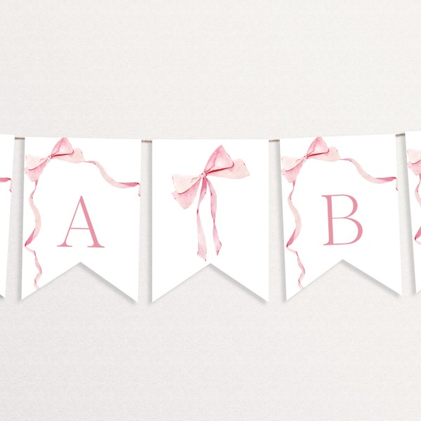 Pink Bow Banner Template Girl Baby Shower Custom Banner Blush Pink Ribbon Birthday Decor Watercolor Baby Shower Bunting Editable | BW01