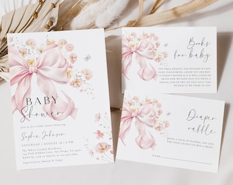 Puede incluir: Una invitación de baby shower rosa y blanca con un lazo rosa y un diseño floral. La invitación incluye el texto "Baby Shower" y "Únete a nosotros para una baby shower en honor a Sophie Johnson".
