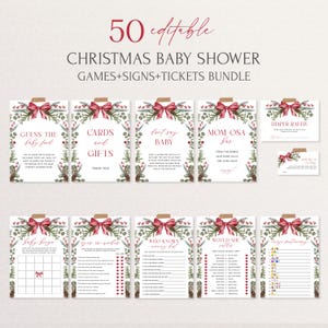 Christmas Baby Shower Games Bundle Red Bow Table Signs Set Winter Baby Shower Game Pack Greenery Baby Shower Bundle Christmas Signs |CH01