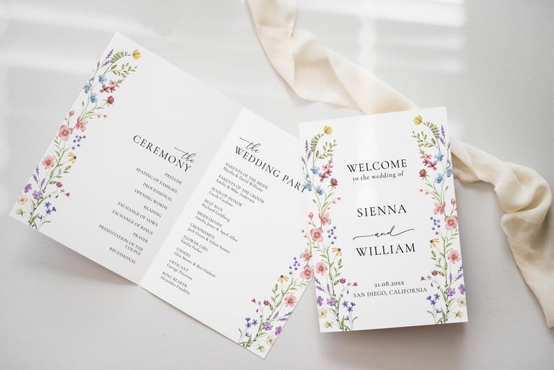 Wildflower Wedding Program Pastel Floral Ceremony Program Template Boho ...