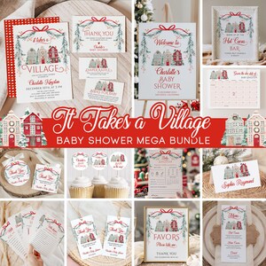 May include: A collection of baby shower stationery with a festive village theme. Includes invitations, thank you cards, favor tags, and signs. The designs feature illustrations of houses, greenery, and red accents, with the text "It Takes a Village".