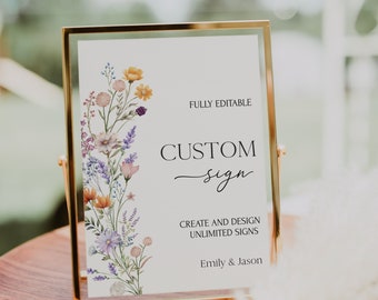 Modelo de placa personalizada de casamento de flores silvestres Modelo de placa personalizada floral Placa de mesa totalmente editável Placas de casamento de flores boho para impressão | MAIA