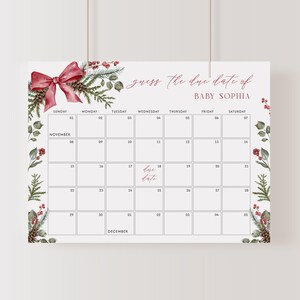 Plantilla de calendario de fecha de parto con lazo rojo, editable, juego de baby shower navideño, letrero para adivinar la fecha de llegada del bebé, adivinar la fecha de nacimiento del bebé / CH01