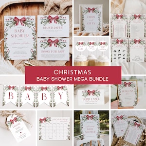 Könnte beinhalten: Ein Baby Shower-Druckpaket zum Thema Weihnachten in Rot und Grün. Das Paket enthält Einladungen, Spiele, Lebensmitteletiketten und Dekorationen. Der Text "BABY SHOWER" ist auf mehreren der Druckvorlagen zu sehen.