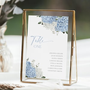 Blauwe hortensia tafelnummersjabloon blauwe bloemen tafelnummerborden stoffige blauwe zitplaatsen bord iets blauw vrijgezellenfeest zitplaatsen plan | K006