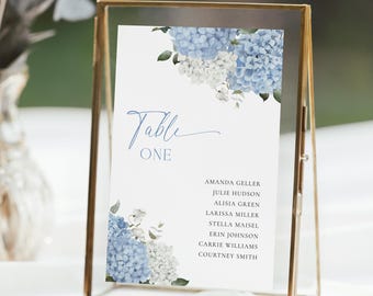Modello per numero di tavolo con ortensia blu, segnali per numero di tavolo con fiori blu, segnaletica per posti a sedere blu polvere, piano per posti a sedere per addio al nubilato Something Blue /K006