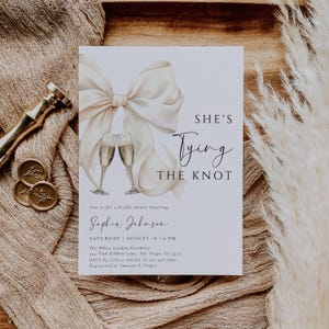 She&#39;s Tying the Knot Bridal Shower Invitation Template Editable Beige Bow Champagne Bridal Invitation Coquette Bridal Party Invite | K004