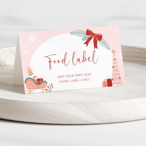 de Noël, étiquette de nourriture, noeud rouge, carte de buffet pour baby shower, étiquette de nourriture de fête de Noël, tente de buffet de Noël rose et rouge pliée | CH07