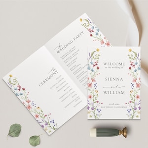 Programme de mariage de fleurs sauvages Modèle de programme de cérémonie florale pastel Fleurs bohèmes Programme plié Calendrier de mariage Fleurs des champs Livret | W004