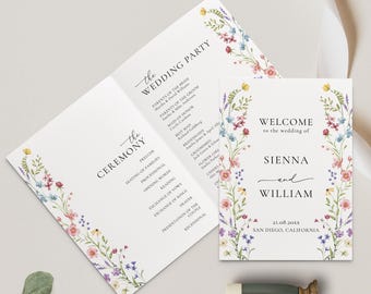 Programme de mariage de fleurs sauvages Modèle de programme de cérémonie florale pastel Fleurs bohèmes Programme plié Calendrier de mariage Fleurs des champs Livret | W004