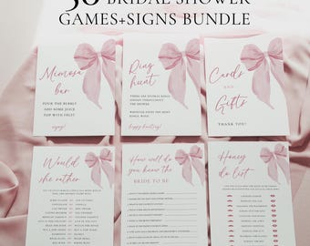 May include: A set of 50 printable bridal shower games and signs. The cards feature pink watercolor bows and text in a pink script font. The games include "Mimosa Bar", "Ring Hunt", "Would She Rather", "How Well Do You Know the Bride to Be", "Cards and Gifts", and "Honey Do List".