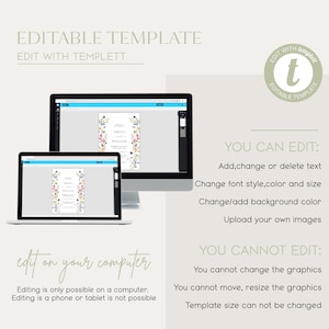 May include: Editable wedding invitation template with a floral design. The template is shown on a computer screen and can be edited using Templett. The text on the template reads "Emilia & William".