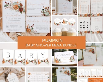 Little Pumpkin Baby Shower Bundle Editable Boho Fall Baby Shower Invitation Set Autumn Baby Shower Games Pack Boho Pumpkin Shower Set | BW06