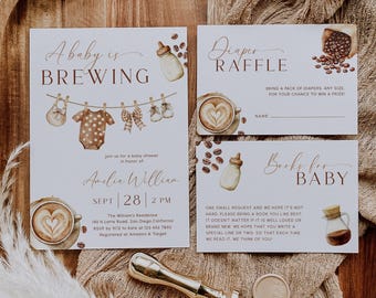 Koffie babyshower uitnodigingsbundel afdrukbare uitnodigingsset A Baby is Brewing, koffiebonen, babykledinglijn, koffieluierloterij | CF01