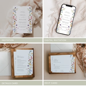 May include: A set of wedding stationery with a floral theme. The invitation features a watercolor floral border with the names "Emilia and William" and the wedding date. The details card includes a list of reception information and accommodations. The RSVP card has a floral border and a place for guests to RSVP with their names and number attending.