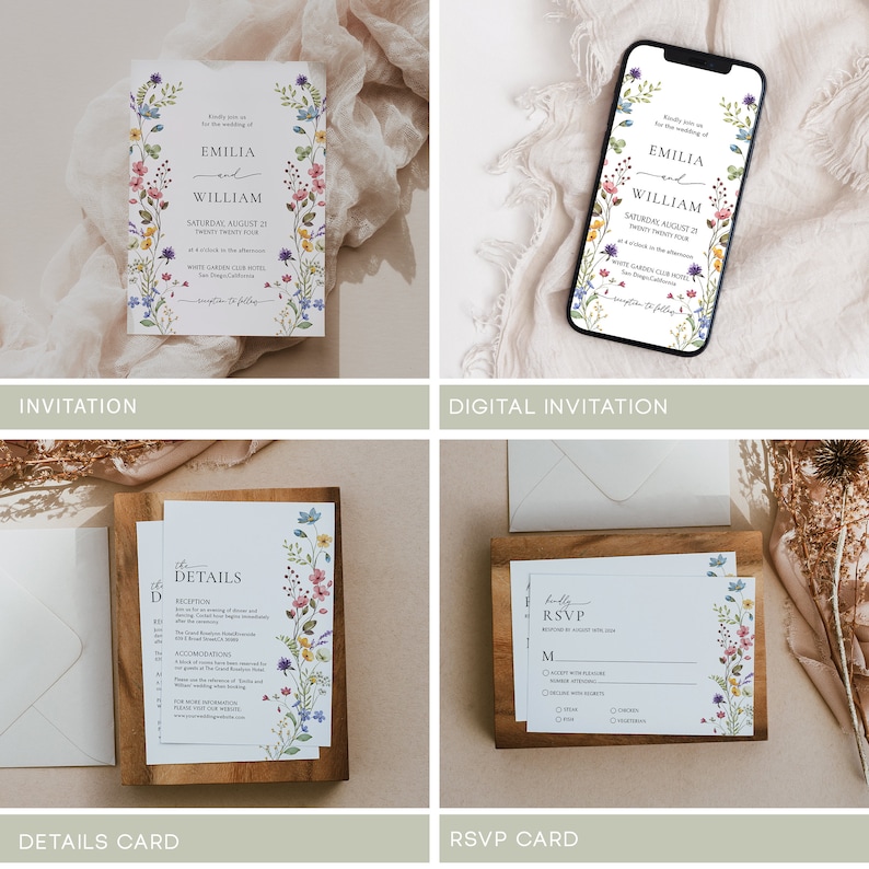 May include: A set of wedding stationery with a floral theme. The invitation features a watercolor floral border with the names "Emilia and William" and the wedding date. The details card includes a list of reception information and accommodations. The RSVP card has a floral border and a place for guests to RSVP with their names and number attending.