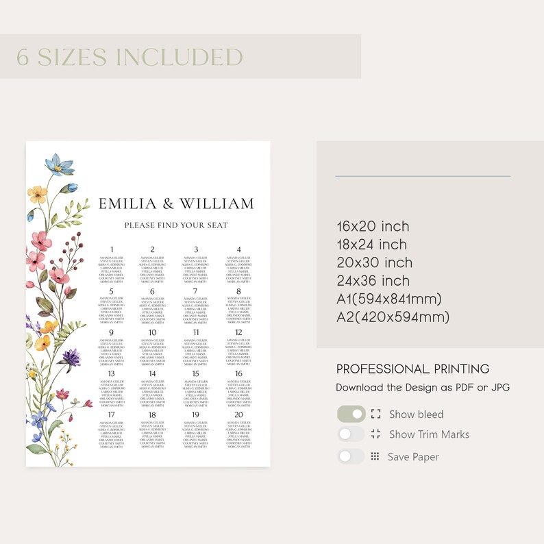 Wildflower Seating Chart Template Wedding Seating Plan Editable Floral Wedding Seating Chart Poster Boho Flowers Seating Sign Printable|EVA image 8