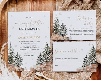 Op de afbeelding: Een witte babyshower-uitnodiging met gouden letters. De uitnodiging luidt "Doe mee met een vrolijke kleine babyshower ter ere van de aanstaande mama Amelia Hudson" en bevat de datum, tijd, locatie en RSVP-informatie. De uitnodiging is versierd met een aquarel-illustratie van winterbomen en sneeuwvlokken.
