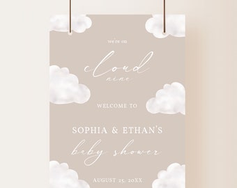 Neutral Cloud Baby Shower Welcome Sign Template Cloud Nine Welcome Poster Baby Shower Editable Beige Baby Shower Decor |BW02