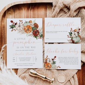 Little Pumpkin Baby Shower Invitation Bundle Boho Fall Baby Shower Invite Set Autumn Pumpkin Invitation Template Gender Neutral | BW06