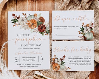 Paquete de invitaciones para baby shower con diseño de calabaza pequeña, conjunto de invitaciones para baby shower de otoño estilo boho, plantilla de invitación con diseño de calabaza otoñal, género neutro / BW06