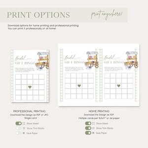 K&ouml;nnte beinhalten: Druckbare Brautdusche-Geschenk-Bingo-Karten mit einer Aquarell-Illustration eines mit Blumen verzierten Geschenkwagens. Die Karten haben einen gr&uuml;nen Hintergrund mit wei&szlig;en Quadraten und einem gr&uuml;nen Herzen in der Mitte. Der Text "Bridal Gift Bingo" steht oben auf der Karte.