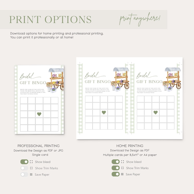 K&ouml;nnte beinhalten: Druckbare Brautdusche-Geschenk-Bingo-Karten mit einer Aquarell-Illustration eines mit Blumen verzierten Geschenkwagens. Die Karten haben einen gr&uuml;nen Hintergrund mit wei&szlig;en Quadraten und einem gr&uuml;nen Herzen in der Mitte. Der Text "Bridal Gift Bingo" steht oben auf der Karte.