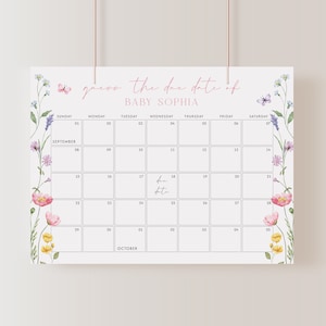 Plantilla de calendario de fecha de vencimiento de flores silvestres, juego de baby shower floral de primavera, signo de fecha de llegada del bebé, adivina la fecha de nacimiento del bebé, bebé en flor/BW05