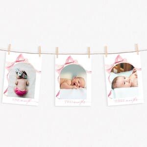 Noeud rose jalon bannière rose ruban première année jalon mensuel carte photo fille 1er anniversaire décoration guirlande photo imprimable | BW01