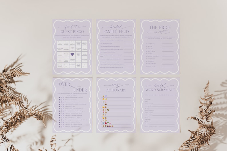 May include: Six printable bridal shower game cards with a light purple background and white text. The games include 'Find the Guest Bingo', 'Bridal Family Feud', 'The Price is Right', 'Over or Under', 'Emoji Pictionary', and 'Bridal Word Scramble'. 