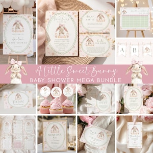 May include: A baby shower mega bundle with a "A Little Sweet Bunny" theme. The set includes invitations, signs, cupcake toppers, and games. The design features a watercolor bunny with a pink bow and floral accents. The color palette is soft pink and cream.